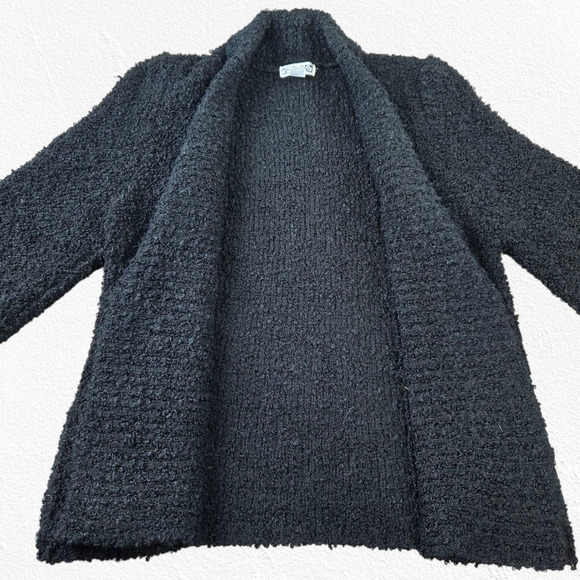 1980s Black Boucle Knit Shawl Cardigan Minimalist Wool Blend Jacket Size Small - Picture 6 of 7